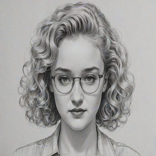 Delightful Julia Garner, pencil sketch, portrait of Gorgeous woman 1980s in glasses, hair style beatnik, outline, clear lines, fine lines, 8k