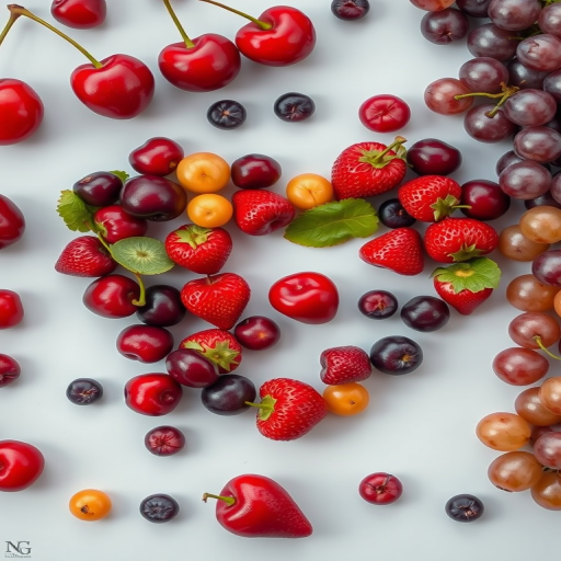 create an image of a heart shape filled with colorful fruits like cherries, strawberries, and grapes, using a Nikon D850 camera, 50mm lens, f/1.8 aperture, ISO 100, and a shallow depth of field for enhanced detail and vibrant colors, top-down view, soft natural lighting.