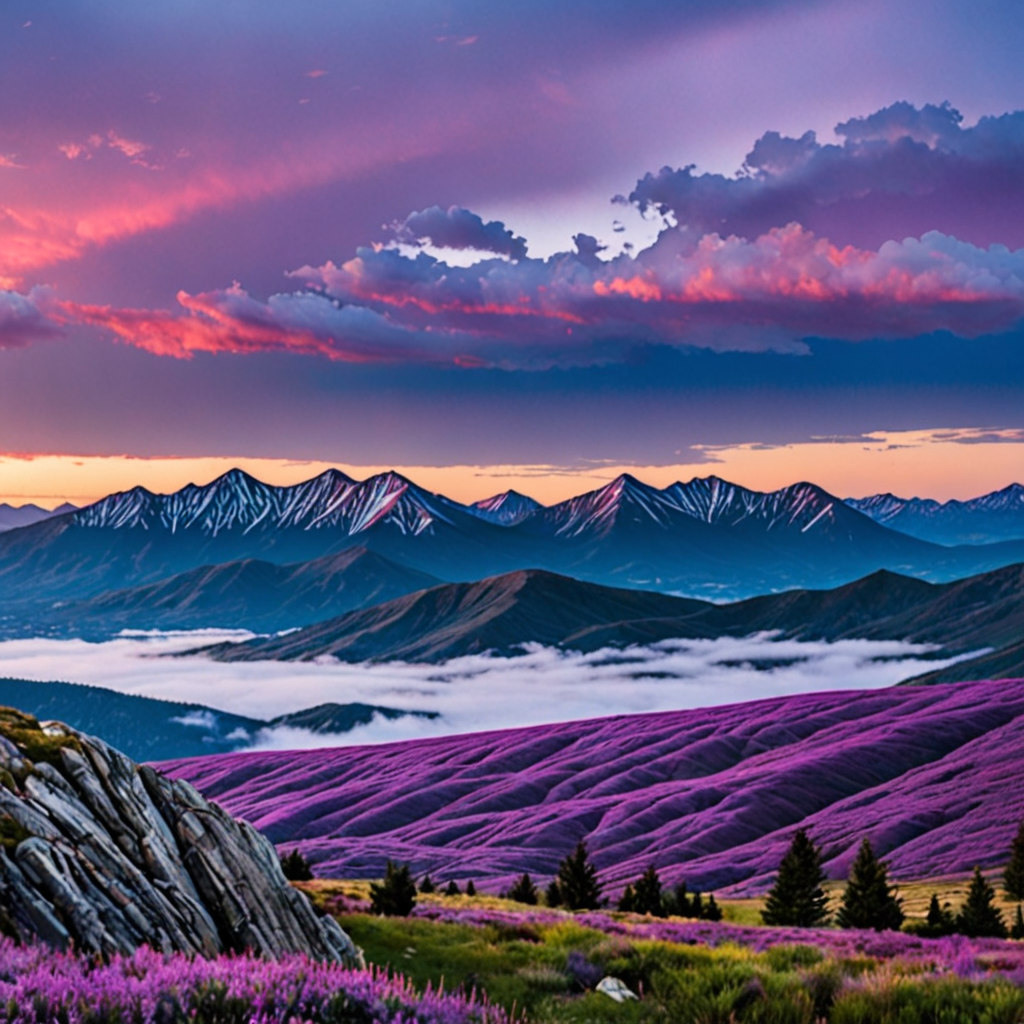 a picture of the sky at sunset and purple mountains