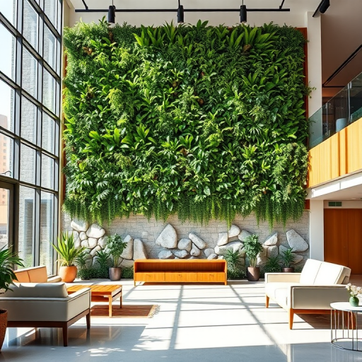 interior of a modern lobby showcasing a lush vertical garden wall with natural stone features, large windows allowing soft natural light, sleek furniture with a minimalist design, warm wood accents, captured with a DSLR camera at f/4, ISO 200, 24mm lens, using a shallow depth of field for a vibrant and airy ambiance