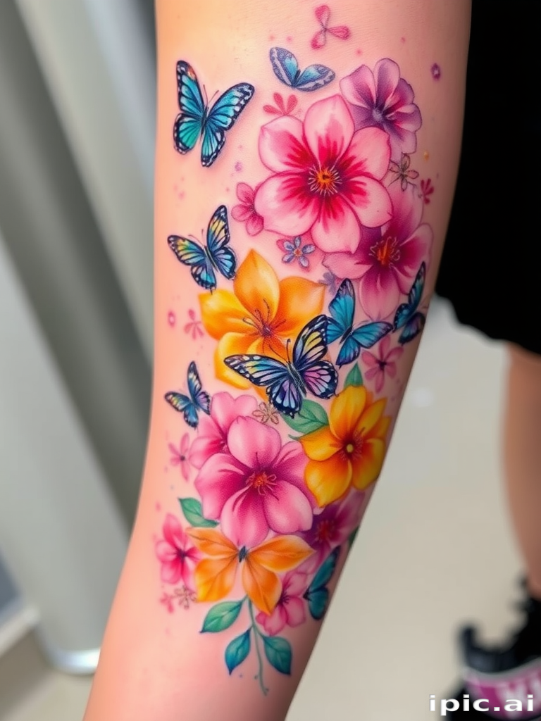 Vibrant watercolor tattoo named "Prismatic Bloom" featuring a cascade of rainbow-hued flowers intertwined with delicate butterflies, flowing seamlessly across the skin with soft edges and translucent overlays