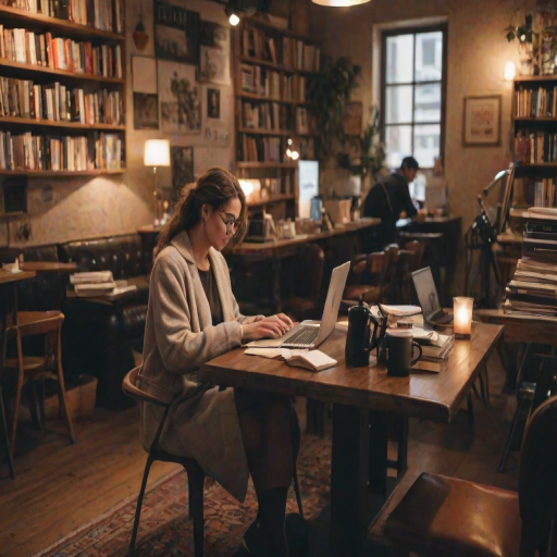 Cozy corner of a café, with a woman typing on her laptop, surrounded by books and a steaming cup of coffee, soft jazz music playing in the background, creating a perfect workspace.
