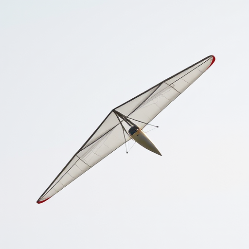 Create a high-resolution icon of a hang glider in flight against a simple background, use a DSLR camera with a 50mm lens, aperture set to f/8, ISO 100, and a shot taken from a low angle to emphasize the gliding motion and details of the wings.