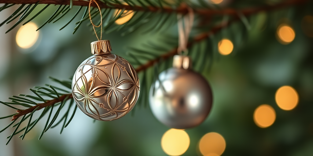 A close-up shot of two decorative glass Christmas ornaments resting on a pine branch, with soft bokeh lights in the background, taken with a Canon EOS R5, 50mm f/1.2 lens, aperture set to f/2.8, ISO 100, shutter speed 1/200 sec, using natural light for a warm, festive atmosphere.