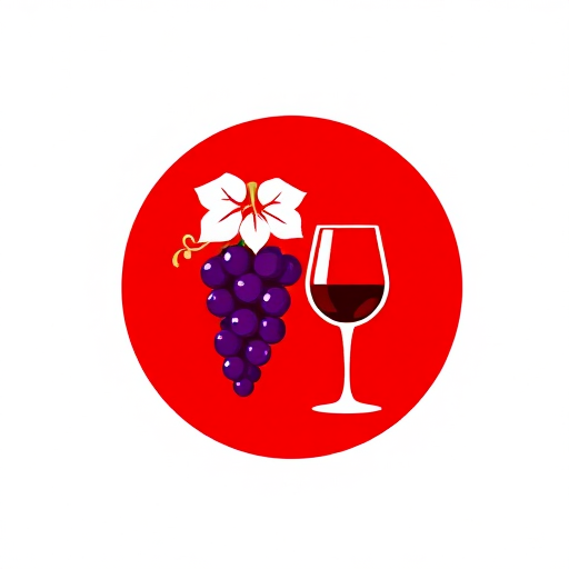 Generate an image of a round red logo featuring a cluster of grapes and a wine glass, high-resolution, with a 50mm lens, f/2.8 aperture, ISO 100, shot from a slightly elevated angle, using a digital DSLR camera.