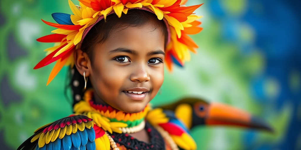 A beautiful Torres Strait Islander girl, wearing colorful bird clothing with vibrant colors