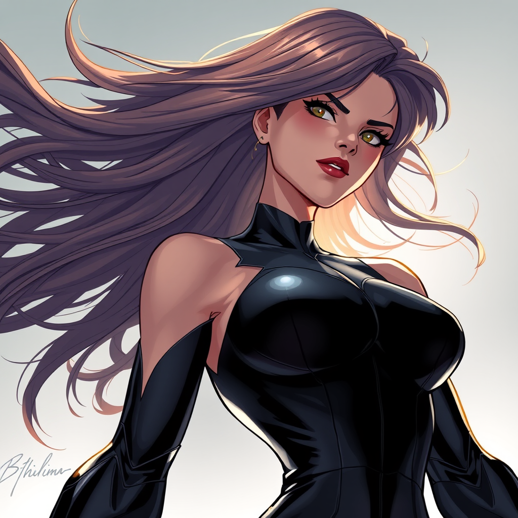 Create a highly detailed digital illustration of a female superhero with long flowing hair wearing a sleek black bodysuit, shot from a low angle using a 50mm lens, f/1.8 aperture, ISO 100, with dramatic lighting to enhance textures and movements.