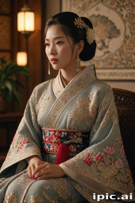 A beautiful woman in traditional East Asian attire, intricately detailed with embroidered patterns, sitting gracefully in a richly decorated room, soft ambient lighting, serene and elegant, ultra-realistic, 8K resolution