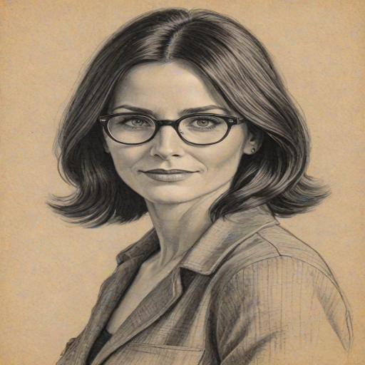 Bewitching Courtney Cox, pencil sketch, portrait of Fascinating woman 1934s in glasses, hair style beatnik, outline, clear lines, fine lines, 8k