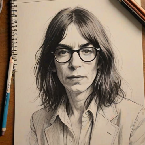 Delightful Patti Smith, pencil sketch, portrait of Pleasing woman 1950s in glasses, hair style beatnik, outline, clear lines, fine lines, 8k