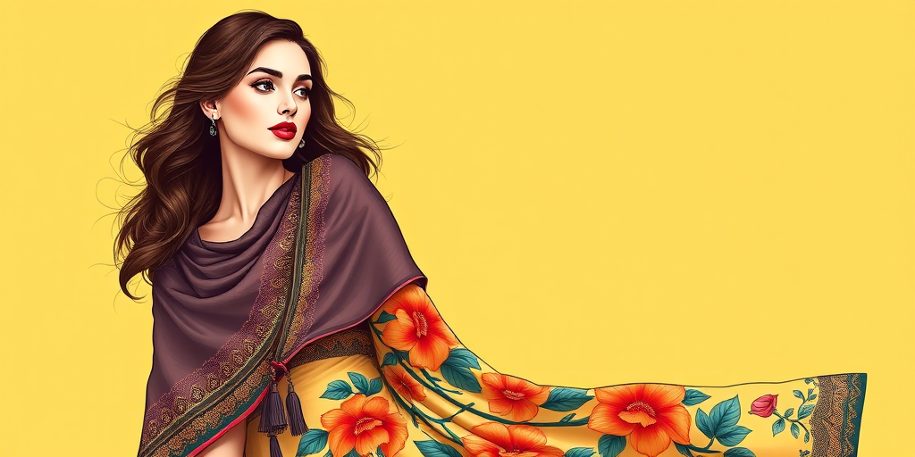 Create an elegant fashion illustration of a woman in a ornate shawl and vibrant floral dress on a solid yellow background with high resolution, using a DSLR camera at f/2.8, ISO 100, 50mm lens, in a portrait orientation, with soft natural lighting to enhance colors and details.