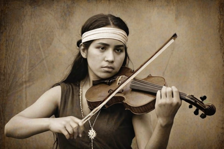 a young Mapuche woman with a white headband playing a violin, in the style of a charcoal drawing, sepia grunge background