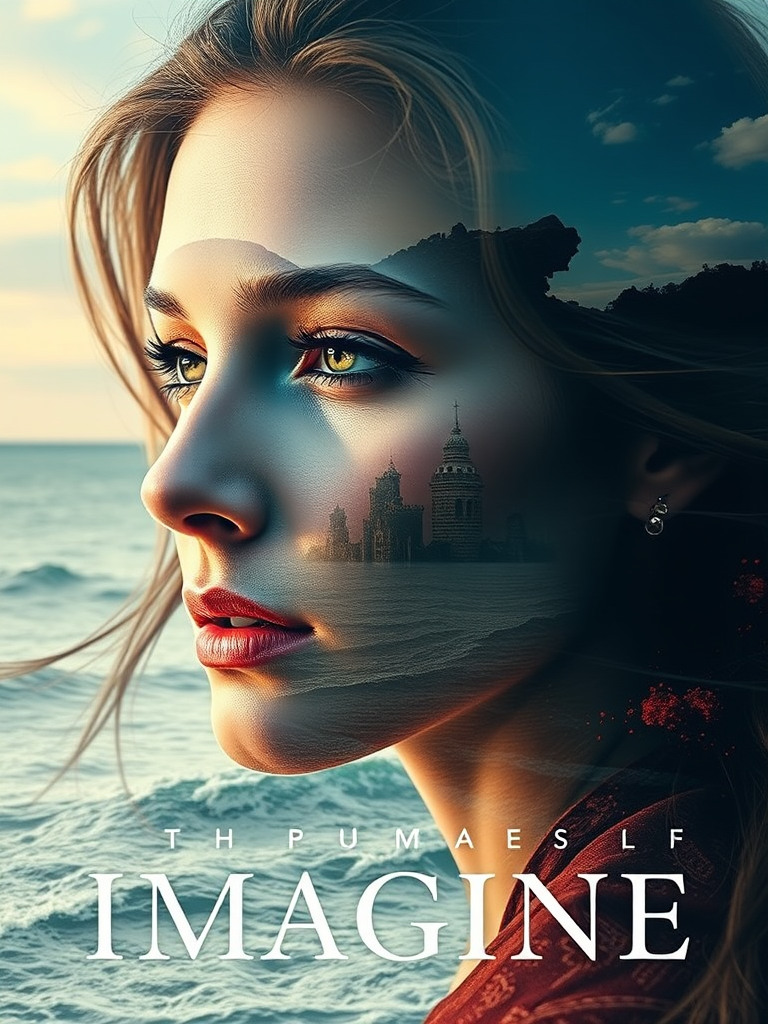imagine Book cover, A surreal double exposure portrait that blends a woman's face with a beautiful seascape. The overall mood is dreamy and mystical, with rich colors and intricate details