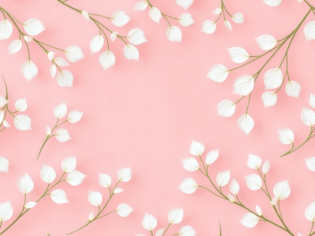 Create a seamless pattern featuring delicate white foliage on a soft pink background, shot with a Canon EOS R5 at f/4.0, ISO 100, 50mm lens, natural lighting, top-down view, digital illustration style.