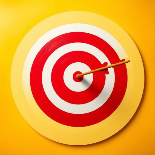 A vivid and modern illustration of a red and white target with a yellow background, featuring an arrow striking the center, using a Canon EOS 5D Mark IV, f/8 aperture, 50mm lens, ISO 100, in high dynamic range to enhance color saturation and detail.