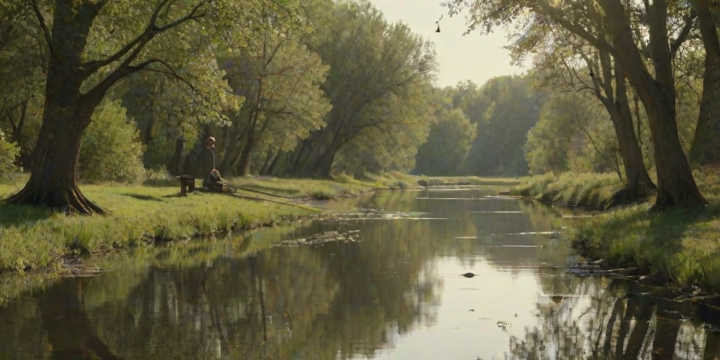 Old man fishing by a tranquil river, his line cast into the still water, with birds chirping in the trees overhead.