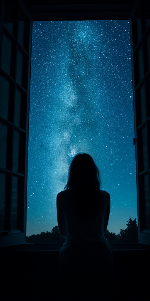 A woman sitting by an open window gazing at a starry night sky, camera type: DSLR, camera settings: aperture f/2.8, ISO 800, shutter speed 1/60s, camera view: wide angle, camera style: portrait.