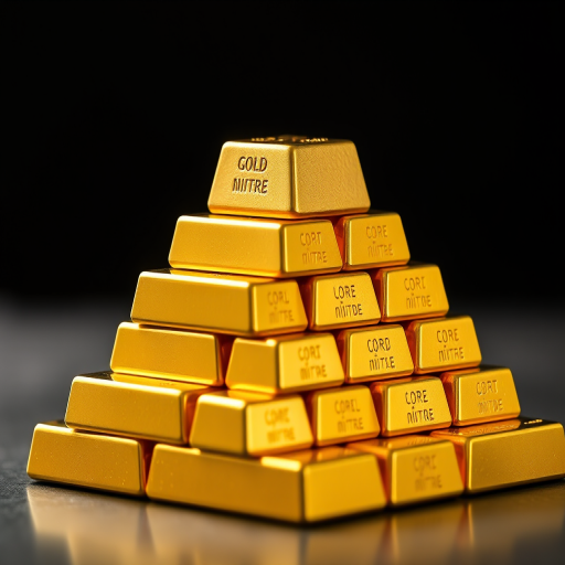 A pyramid of gold bars stacked neatly, high resolution, macro shot, aperture f/2.8, ISO 100, 50mm lens, soft lighting, professional photography style