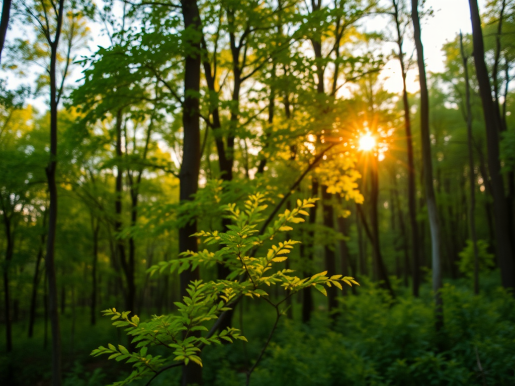 Capture a high-resolution image of a tranquil forest scene during golden hour, using a Canon EOS R5 with a 24-70mm f/2.8 lens, aperture set to f/8 for depth of field, ISO 100, and a shutter speed of 1/200s, focusing on vibrant green trees and soft sunlight filtering through the leaves.