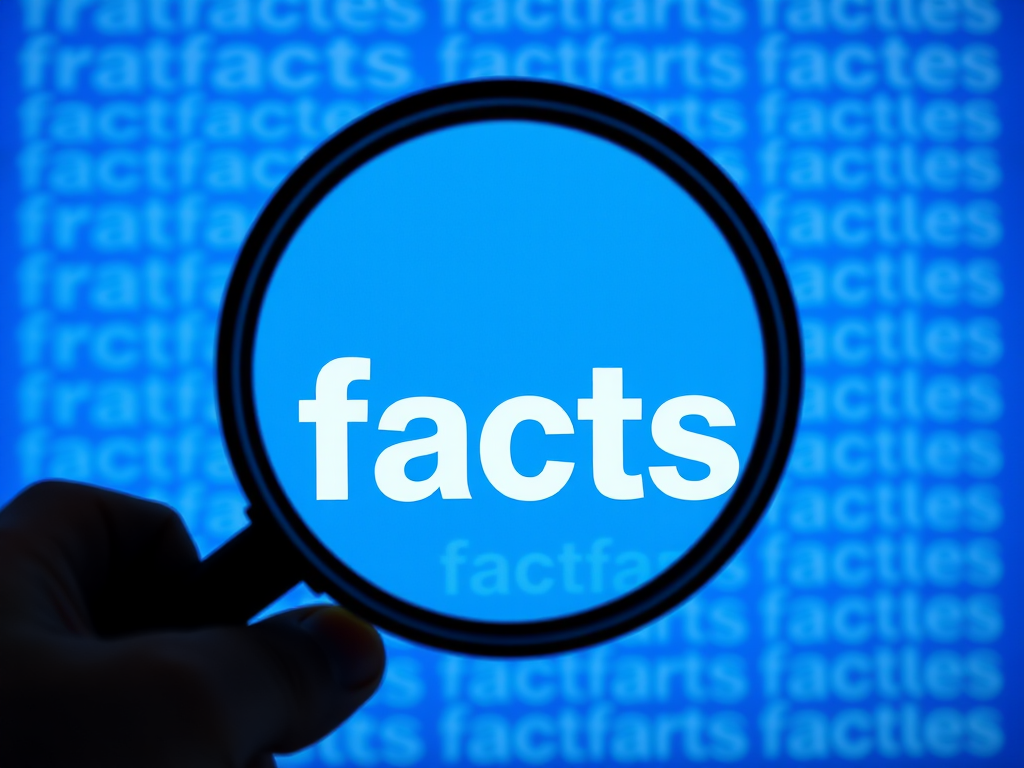 Create an image of a hand holding a magnifying glass over the word "facts" repeated in a blue gradient background, with 50mm lens, f/2.8 aperture, ISO 100, captured in a close-up perspective using a DSLR camera for enhanced detail.