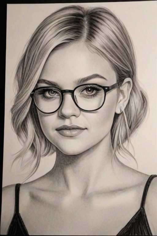 Exquisite Kelsea Ballerini, pencil sketch, portrait of Graceful woman 1926s in glasses, hair style beatnik, outline, clear lines, fine lines, 8k