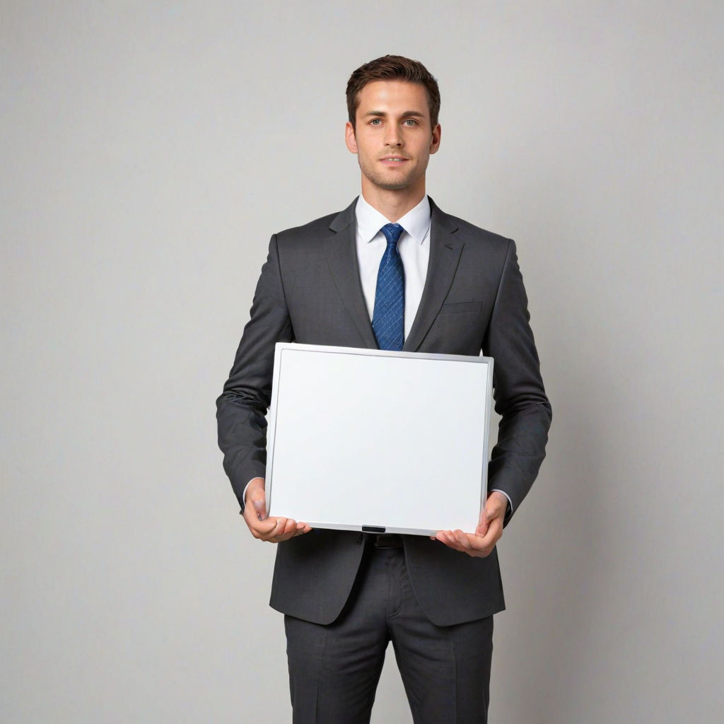 Create an image of a professional individual in a business suit, holding a large blank whiteboard in front of their face. The background should be neutral to emphasize the person and the blank board. Make sure the person's hands are visible, and they are positioned at mid-chest level, showcasing the blank space clearly.