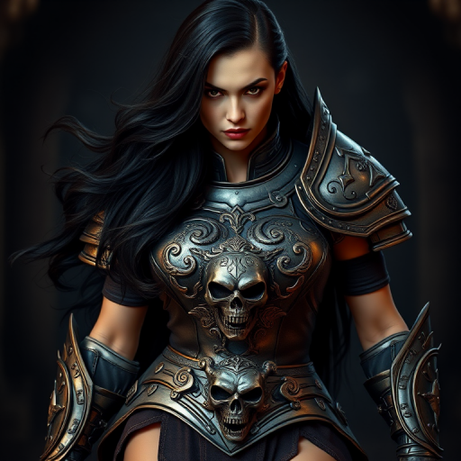 Create a photo of a fierce female warrior with long black hair, wearing an ornate, metallic armor. The armor includes a breastplate with intricate designs, shoulder guards, and gauntlets. The breastplate is decorated with a central emblem, possibly representing a mythical symbol, and has a sculpted, form-fitting design. She wears a belt with a large skull ornament at the center, and her armor extends into a partial skirt, revealing one leg. The overall look is both protective and stylish, with a dark, gothic aesthetic. The background is dimly lit, suggesting a medieval or fantasy setting, enhancing the warrior's imposing presence and intense expression.