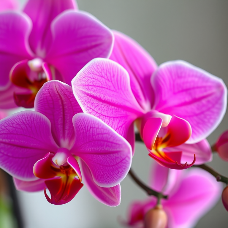 A close-up shot of vibrant pink orchids with intricate details, taken with a macro lens, f-stop 2.8, ISO 100, shutter speed 1/200, natural light, high-resolution DSLR camera.