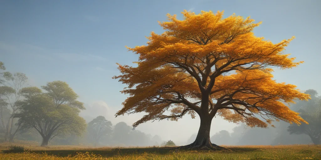 Majestic Golden Tree Standing Proudly in a Tranquil Autumn Landscape