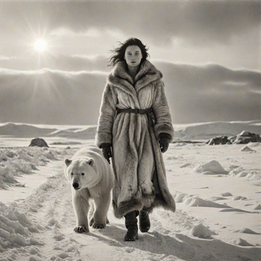A very old photograph in black and white. The photo is badly damaged, faded, with scratches, tears, smudges and dirt. The photo is ultra-realistic and very detailed. It's a picture of an Arctic warrior. She is walking serenely towards the camera. At her side walks a majestic polar bear. Its fur shines in the sunlight. Snow, ice, sea. wind. snow in the air.