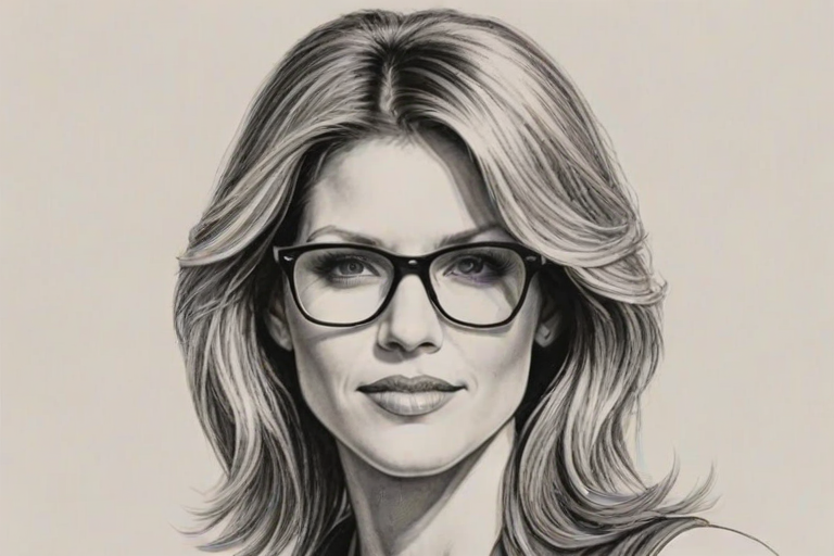 Graceful Tricia Helfer, pencil sketch, portrait of Ravishing woman 1979s in glasses, hair style beatnik, outline, clear lines, fine lines, 8k
