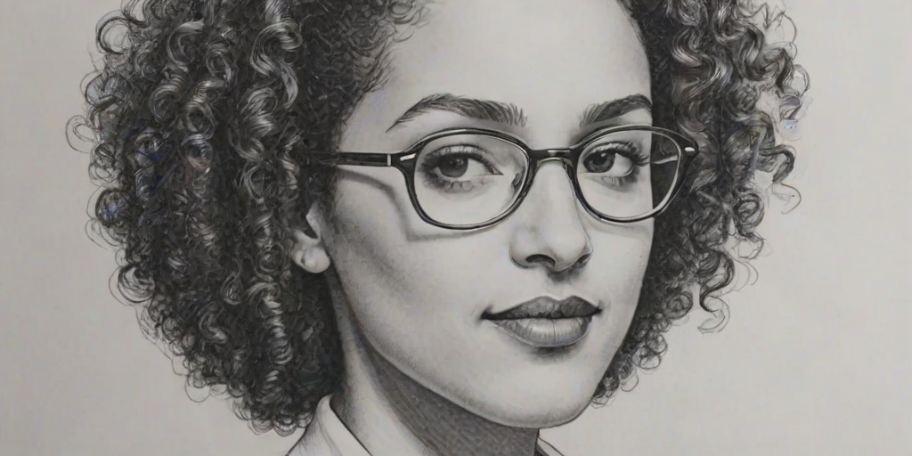 Splendid Karyn Parsons, pencil sketch, portrait of Lovely woman 1941s in glasses, hair style beatnik, outline, clear lines, fine lines, 8k