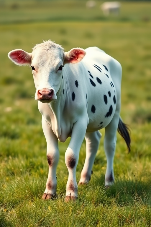 Generate a high-quality illustration of a standing white calf with black spots in a grassy field, captured with a DSLR camera at f/2.8 aperture, 1/250 sec shutter speed, ISO 100, and a wide-angle lens for clarity and depth.