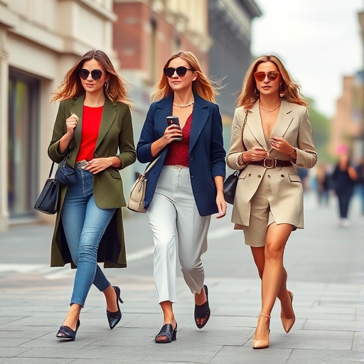 Generate an illustration of three fashionable women walking, capturing a vibrant street style scene, with a portrait orientation, using a Canon EOS 5D Mark IV camera at f/8, ISO 100, and a shutter speed of 1/125s, shot from a slightly low angle to emphasize their outfits and accessories.