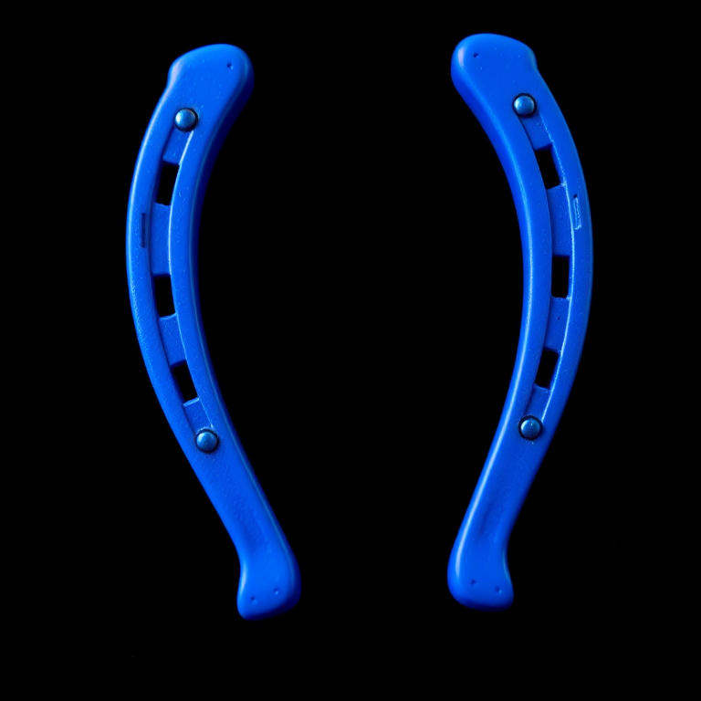 Create a high-resolution image of a blue horseshoe on a black background, using a DSLR camera with a 50mm lens at f/1.8, with a shallow depth of field and soft focus, captured from a slightly elevated angle to enhance the shape and color vibrancy.