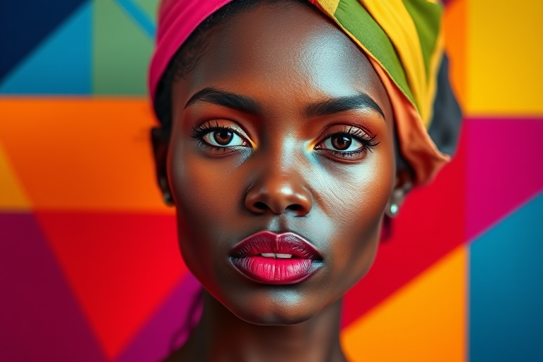 Create a vibrant abstract portrait with bold colors and geometric shapes, captured with a Canon EOS R5, 50mm lens, f/1.8 aperture, ISO 100, high dynamic range, shot from a slightly elevated angle.
