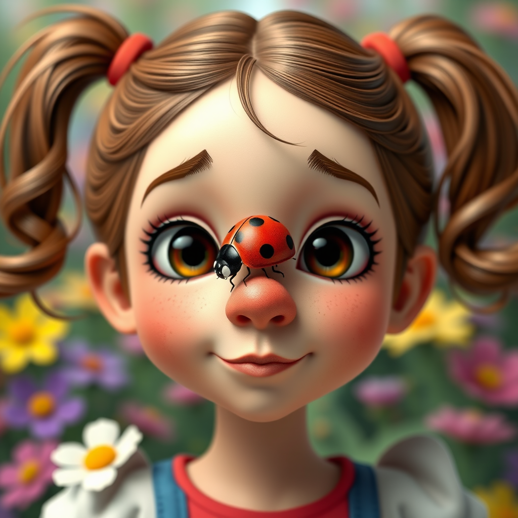 whimsical comical cartoon art Quentin Blake style, closeup portrait view of a cute girl with two ponytails in her hair, an adorable ladybug sits on her nose, funny children’s book illustration with bright colors and flowers in the background