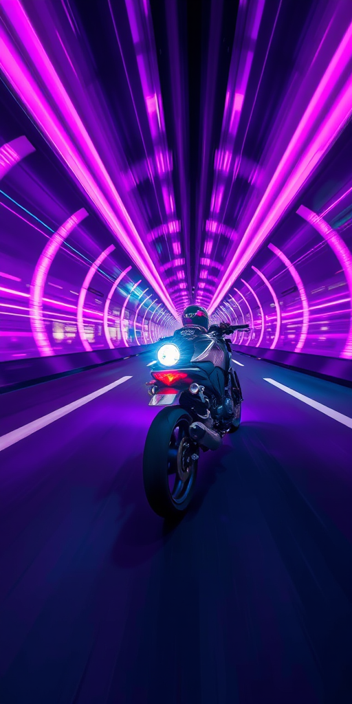 futuristic motorcycle speeding through a neon-lit tunnel at night with vibrant purple and blue streaks of light, captured with a Canon EOS R5 at f/2.8, ISO 100, 1/500s, in a wide-angle view with a dynamic motion blur effect