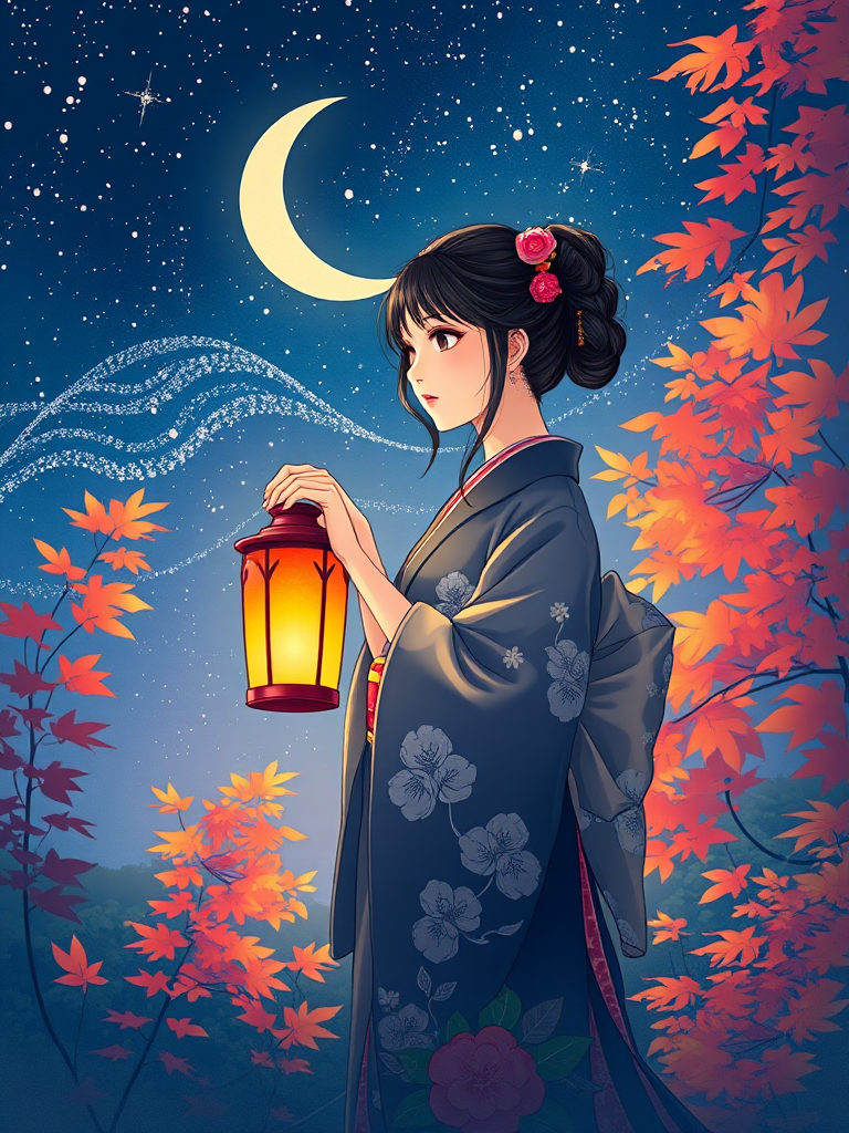Create an illustration of a woman in a kimono holding a lantern against a night sky filled with stars and a crescent moon, surrounded by colorful foliage, captured with a Canon EOS R5, aperture f/2.8, shutter speed 1/125s, ISO 100, wide-angle lens, soft focus style.