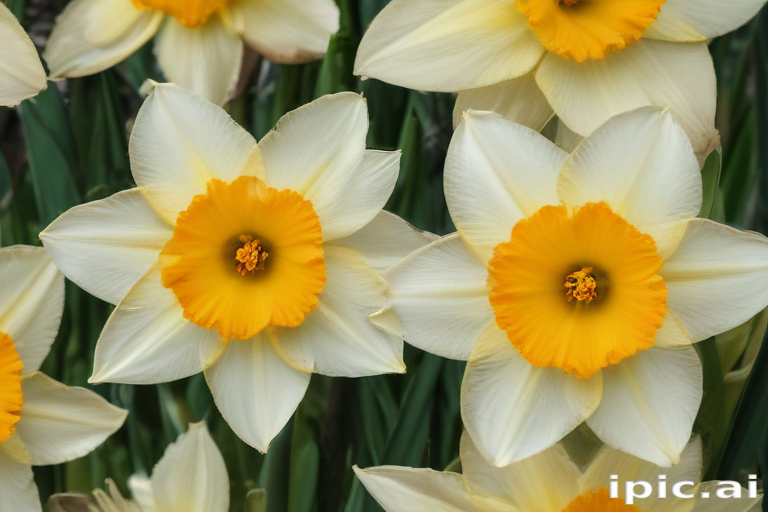 Beautiful Daffodils Blooming in a Garden, Showcasing Bright Yellow Centers.