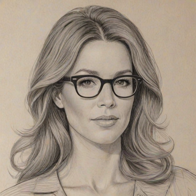 Fascinating Poppy Montgomery, pencil sketch, portrait of Charming woman 1959s in glasses, hair style beatnik, outline, clear lines, fine lines, 8k