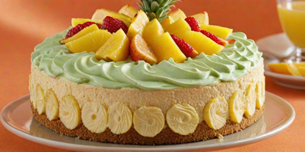 Create an image of a delicious tropical fruit cheesecake topped with pineapple slices, orange segments, and a decorative swirl of cream. The cake should have a golden-brown crust and a fresh mint leaf placed on top for garnish. The background should be softly blurred to emphasize the vibrant colors of the cake.