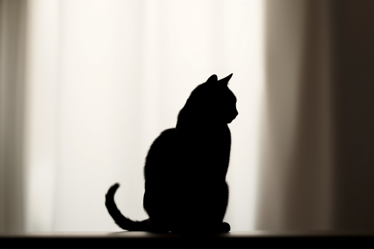 Generate an image of a minimalistic black silhouette of a cat sitting gracefully, captured with a DSLR camera at f/2.8 aperture, ISO 100, 50mm lens, from a slight angle to enhance depth, using a soft focus background to highlight the subject.