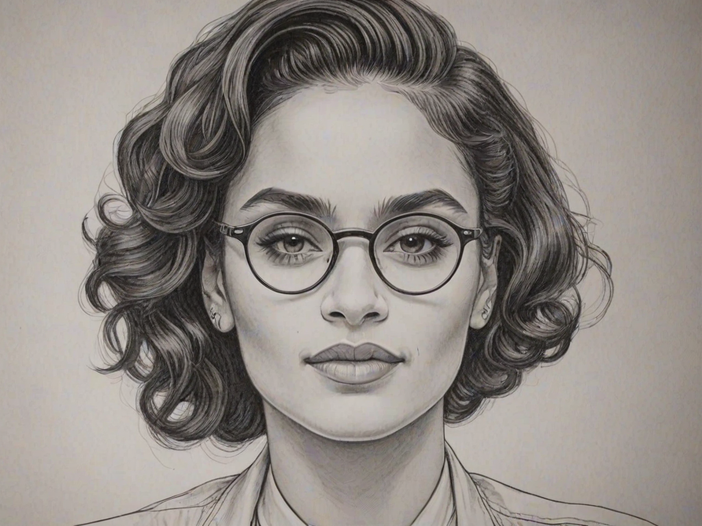 Resplendent Kehlani, pencil sketch, portrait of Superb woman 1945s in glasses, hair style beatnik, outline, clear lines, fine lines, 8k