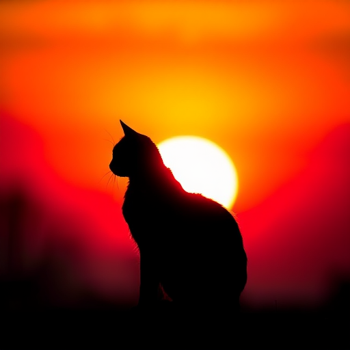 Create a high-quality image of a silhouette of a cat sitting gracefully against a vibrant sunset background, shot with a Canon EOS R5, 50mm lens, aperture f/1.8, ISO 100, and a shallow depth of field for a soft bokeh effect.
