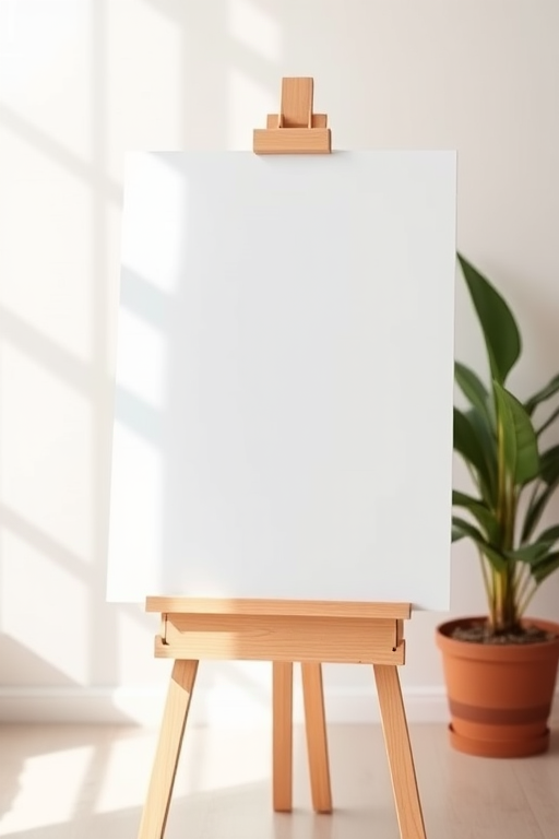 Create an image of a blank whiteboard on an easel with soft natural lighting, shot from a slightly elevated angle, using a DSLR camera with a 50mm lens at f/2.8, ISO 100, and a shutter speed of 1/200s.