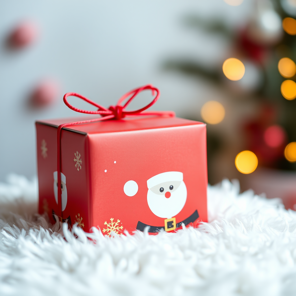 regenerate an image of a red Christmas gift box decorated with a Santa Claus design sitting on a soft white fluffy surface, taken with a DSLR camera, 50mm lens, aperture f/2.8, ISO 100, natural lighting, shallow depth of field