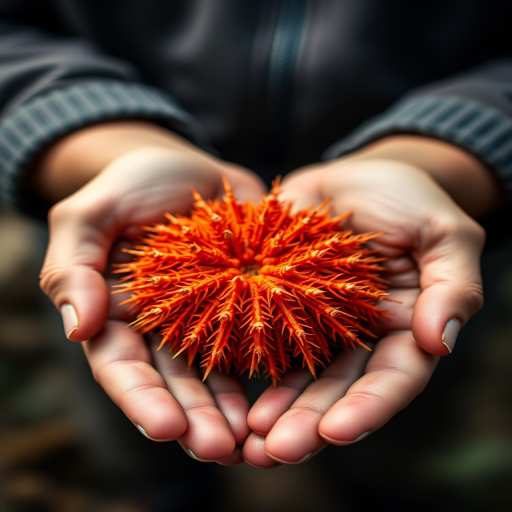 Capture a close-up image of a person holding a vibrant orange sea urchin in their hands, with a shallow depth of field to create a soft background blur, using a DSLR camera set to f/2.8, ISO 100, and a shutter speed of 1/200 sec, focused on the texture and color of the sea urchin.