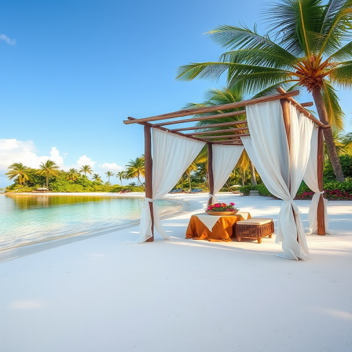 Create a picturesque tropical beach scene featuring a serene, white sandy shore. In the foreground, there's a rustic wooden canopy with white drapes gently flowing in the breeze. Underneath the canopy, a table is set with tropical decor, evoking a sense of relaxation and leisure. The beach extends into a calm, shallow water area with reflections of the sky and surroundings. Palm trees and lush greenery line the edge of the beach, providing a natural, tropical backdrop. The sky is clear with a few scattered clouds, and the overall atmosphere is tranquil and inviting, perfect for a peaceful retreat.