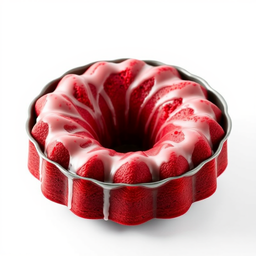 Red velvet cake in a bundt pan with a rich texture and vibrant red color topped with a glossy glaze on a white background.